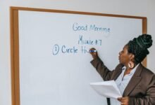 A picture of a lecturer writing down notes on the white board.