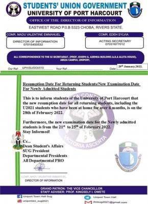 UNIPORT SUG alert to new and returning students