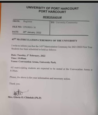 UNIPORT's 43rd matriculation ceremony, 2021/2022 Session 