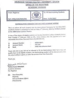 ATBU's matriculation ceremony 