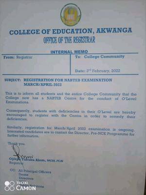 COE Akwanga currently has a NABTEB O'Level Examination Centre.