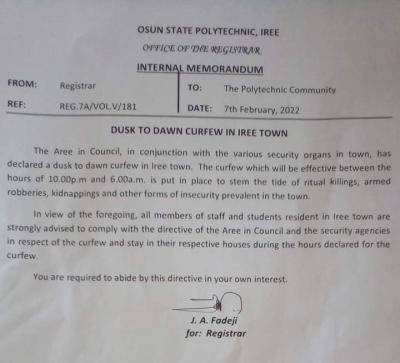 OSPOLY issues warning regarding the dusk to dawn curfew in Iree town.