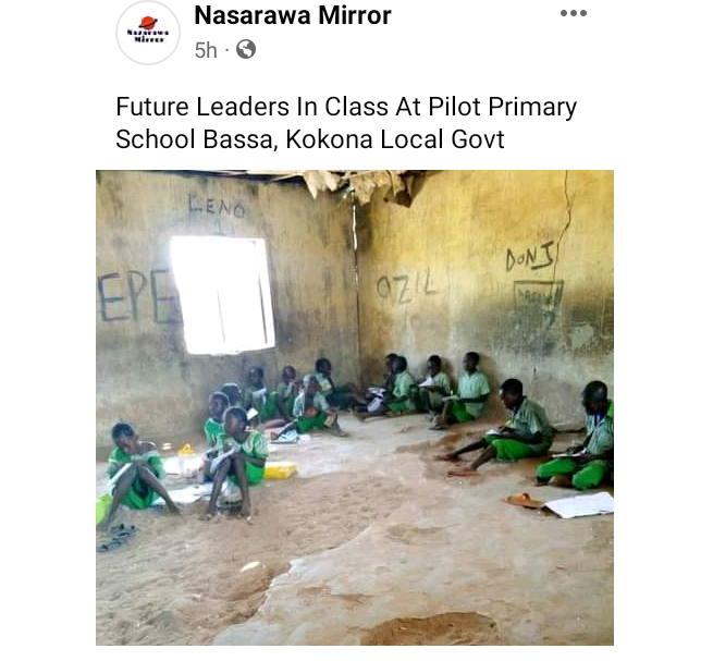 Schoolchildren In Nasarawa seen sitting on the bare floor of a shabby classroom.