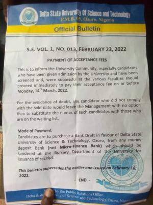 Delta State University Ozoro deadline for payment of acceptance.