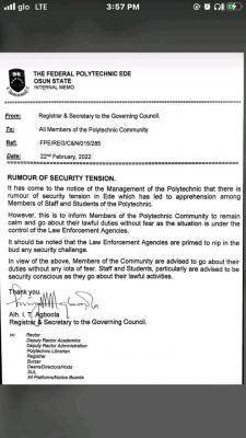 EDEPOLY notice on security tensions on campus