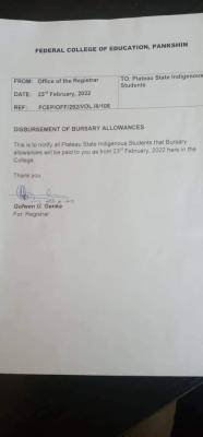 Notice from the FCE Pankshin on the payment of bursaries