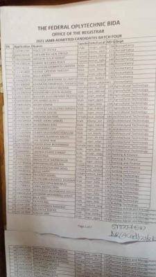 Poly, Bida 4th batch admission list for ND students 2021/2022