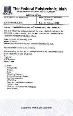 Federal Polytechnic Institute and State University of Idaho announces matriculation ceremony for 2021/2022.   This is to advise you, and in particular those newly admitted students for the 2021/2022 academic session, that the Polytechnic's 35th Matriculation Ceremony will take place on the dates and times listed below:            Saturday, February 26th, 2022 is the date set for this event.    Federal Polytechnic Institute and State University of Idaho announces matriculation ceremony for 2021/2022.  10:00 a.m. (local time)    The Federal Polytechnic in Idah's New Convocation Pavilion serves as the venue for this event.    You are warmly invited to participate in the celebration.    Upon arrival at the Polytechnic, all matriculating students are requested to congregate in front of the Administrative Block at 9:00 a.m.