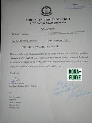 FUOYE directs students to vacate hostels 