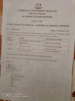 Mid-semester break at FUWukari 2020/2021