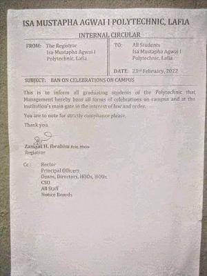 Final year students barred from celebrating on campus by Isa Mustapha Polytechnic.