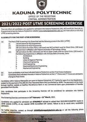KADPOLY Post-UTME 2021: Cut-off mark, Eligibility and Registration Details