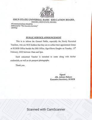 Notice from the Osun Ministry of Education to newly hired teachers with National Certificate in Education (NCE) qualifications