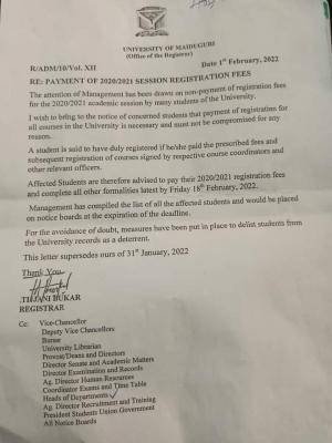 UNIMAID's notification regarding the payment of the registration fee for the 2020/2021 session