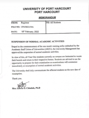 UNIPORT suspends all academic activities 