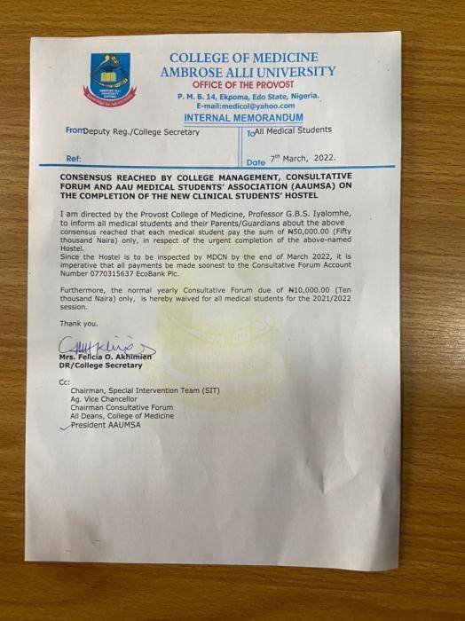Students at AAU required to contribute N50, 000 for hostel repairs.