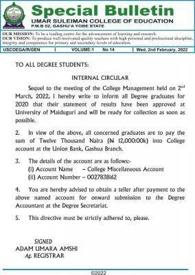 (Image: A notification to degree graduates from the Umar Suleiman College of Education)