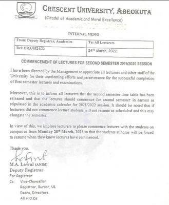 Notice from Crescent University on the beginning of second semester lectures.