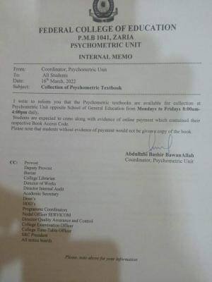 Notice from the Federal College of Education in Zaria on the collection of Psychometric Textbook