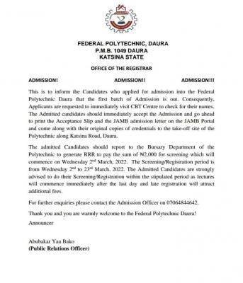 Fed Poly Daura 1st Batch Admission List 2022