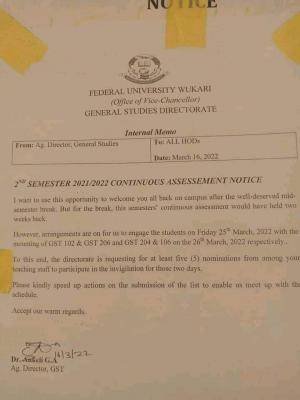 Notice from FUWukari on 2nd semester continuous assessment