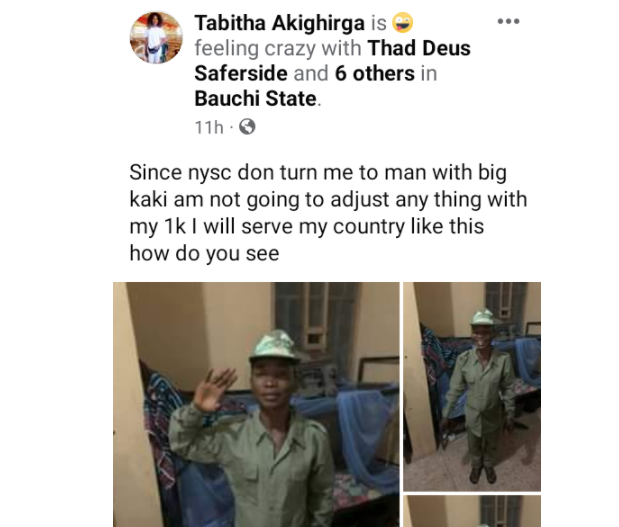 In the spirit of patriotism, a corps member commits to serve Nigeria using oversize cloth