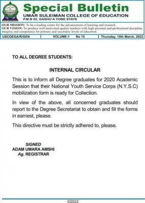 Notice to 2020 degree students from USCOEGA