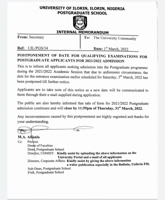 The University of Ilorin has postponed the qualifying test for postgraduate candidates 